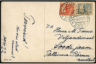 1 mk. og 2 mk. Tallinn Skyline utakket på brevkort fra Vötikvere d. 3.7.1922 til Tallinn.