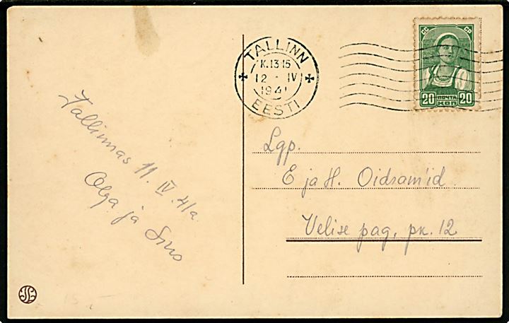 Russisk 20 kop. på brevkort fra Tallinn d. 12.4.1941.