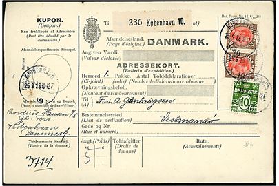 10 øre Bølgelinie og 90 øre Chr. X i parstykke på 190 øre frankeret internationalt adressekort for pakke fra Kjøbenhavn 10 d. 25.9.1928 til Vestmannaøerne, Island. Ingen transit eller ank.stempler. 