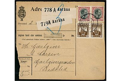 40 øre Genforening (par) og 50 øre Chr. X (par) på 180 øre frankeret adressekort for to pakker fra Aarhus d. 12.1.1921 til Bedsted. Et mærke med skramme.