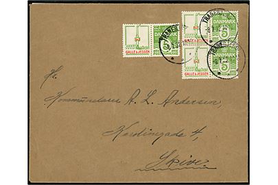 5 øre Bølgelinie og Galle & Jessen i reklamesammentryk (par og fireblok) på brev annulleret med brotype IIIc Tranebjerg d. 8.7.1932 til Skive.