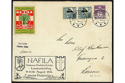 4/25 øre provisorium (2) og 7 øre Bølgelinie på NAFILA kuvert stemplet Snapind d. 26.2.1935 til Horsens. Nusset.