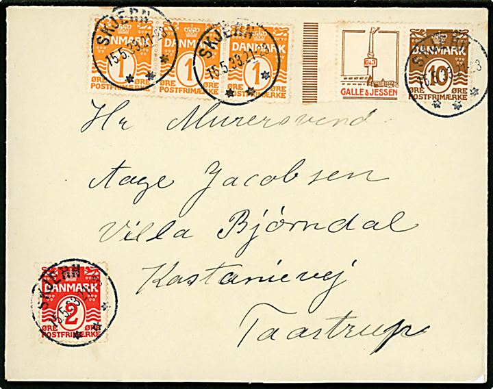10 øre Bølgelinie og Galle & Jessen Reklamesammentryk, samt 1 øre (3) og 2 øre Bølgelinie, på brev fra Skive d. 15.5.1933 til Taastrup.