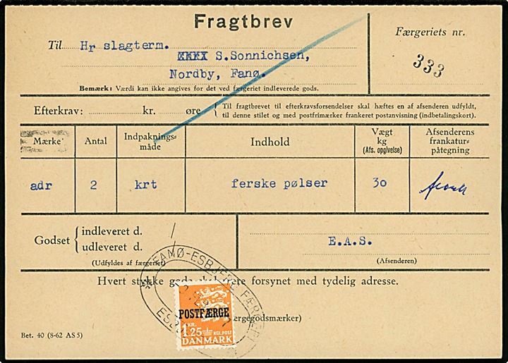 1,25 kr. Rigsvåben Postfærge mærke single på fragtbrev fra Esbjerg d. 9.2.1967 til Nordby Fanø.