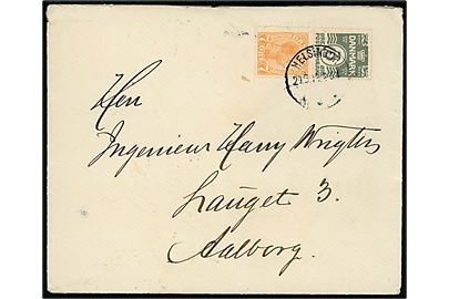3 øre perlegrå Bølgelinie og 7 øre Chr. X i lodret automat sammentryk på brev fra Helsingør d. 21.6.1919 til aalborg.