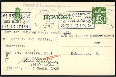 10 øre helsagsbrevkort (fabr. 89-H) annulleret med båndmaskin-TMS 1-9 SEPT. UDSTILLING KOLDING/Kolding d. 3.9.1928 til København. Meget sjældent maskinstempel.