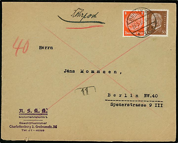 8 pfg. og 50 pfg. Hindenburg på fortrykt kuvert fra N.S.K.K. (= Nationalsozialistisches Kraftfahrkorps) sendt som lokal rørpostbrev i Berlin d. 25.5.1935