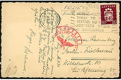 Russisk besat Letland 20 s. Våben på brevkort fra Riga d. 16.4.1940 til Berlin, Tyskland. Passér stemplet ved den tyske censur i Königsberg.