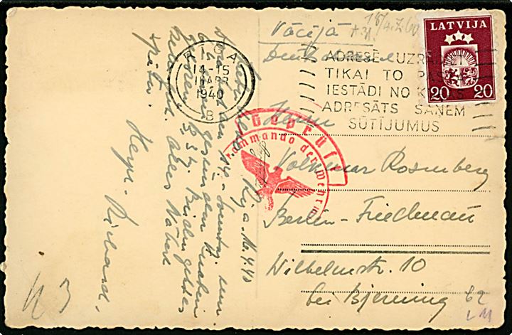 Russisk besat Letland 20 s. Våben på brevkort fra Riga d. 16.4.1940 til Berlin, Tyskland. Passér stemplet ved den tyske censur i Königsberg.
