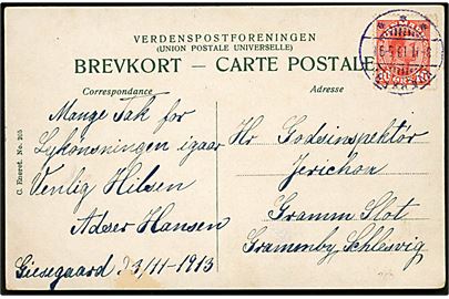 10 øre Chr. X på brevkort annulleret med VIOLET brotype IIb Kværkeby d. 3.11.1913 til Gram Slot, Sønderjylland.