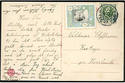 5 øre Fr. VIII og Julemærke 1910 på brevkort (Nakskov, Vesterborg) annulleret med stjernestempel VESTER-KARLEBY til Kastager pr. Horslunde.