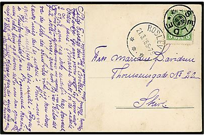 5 øre Chr. X på brevkort annulleret med stjernestempel SELDE og sidestemplet Roslev d. 21.3.1916 til Skive. Skramme på billedsiden.