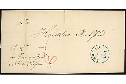 1861. Ufrankeret tjenestebrev påskrevet K.T. fra Sognepræsten i Nørre-Nissum med BLÅT antiqua Lemvig d. 26.6.1861 til Holstebro Amtsstue. Påskrevet 6 sk. porto. Rift.