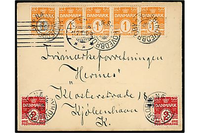 1 øre (5-stribe) og 2 øre (2) Bølgelinie på underfrankeret brev annulleret med stjernestempel NÆSBYHOVEDBROBY (type II) og sidestemplet Odense d. 11.2.1910 til København. Ikke udtakseret i porto.