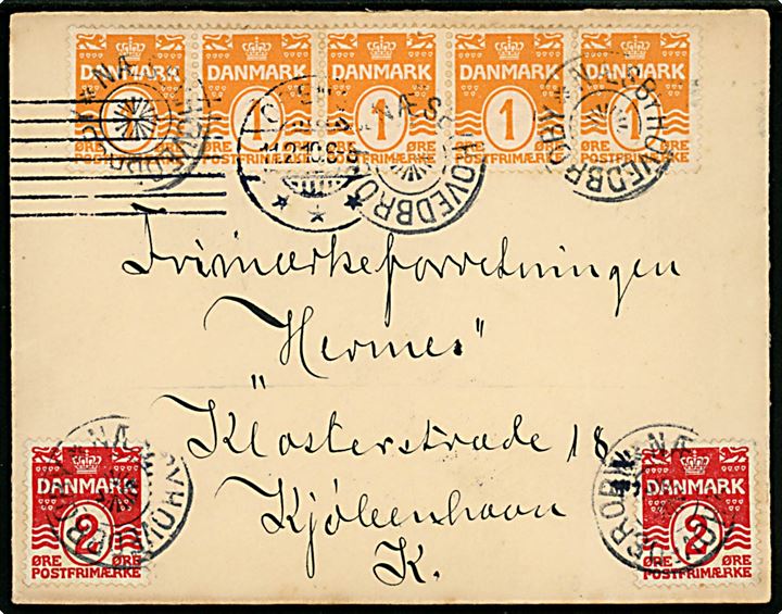 1 øre (5-stribe) og 2 øre (2) Bølgelinie på underfrankeret brev annulleret med stjernestempel NÆSBYHOVEDBROBY (type II) og sidestemplet Odense d. 11.2.1910 til København. Ikke udtakseret i porto.