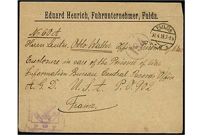 Ufrankeret krigsfangebrev med indhold fra Fulda d. 30.4.1919 til tysk løjtnant Otto Walther i amerikansk krigsfangenskab ved de amerikanske styrker i Frankrig. 