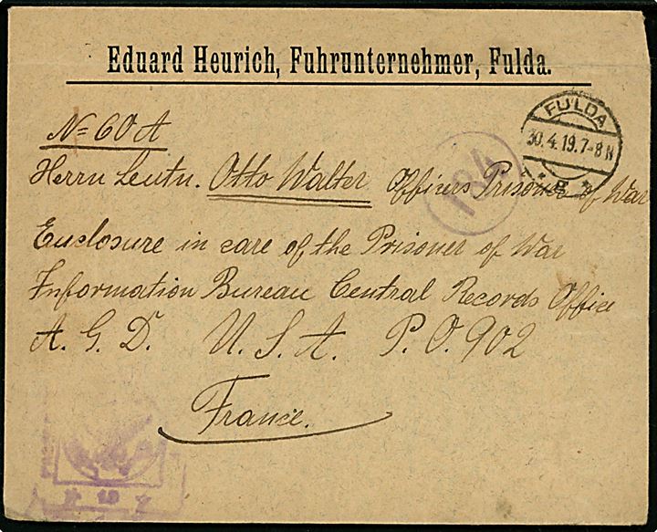 Ufrankeret krigsfangebrev med indhold fra Fulda d. 30.4.1919 til tysk løjtnant Otto Walther i amerikansk krigsfangenskab ved de amerikanske styrker i Frankrig. 