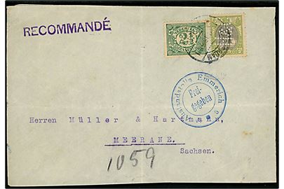 2½ c. og 20 c. med perfin H&C på anbefalet brev fra firma Hirsch & Cie i Amsterdam 1915 til Meerane, Tyskland. Passér stemplet ved den tyske censur i Emmerich. Folder.