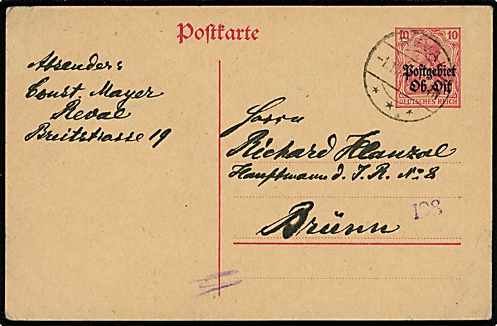 10 pfg. Postgebiet Ob. Ost. helsagsbrevkort fra Reval d. 1.11.1918 til Brunn, Böhmen. 