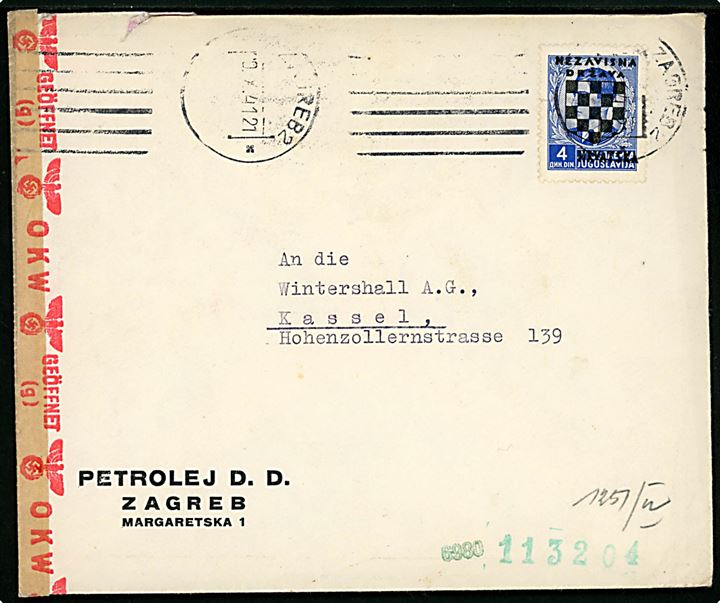 4 din. Kroatien provisorium single på brev fra Zagreb d. 20.10.1941 til Kassel, Tyskland. Åbnet af tysk censur i Wien.