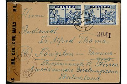 3 zl. krigsødelæggelser i utakket parstykke på brev fra Nysa d. 23.5.1945 (fejlindstillet stempel) til Königstein i/Taunus, Tyskland. Amerikansk efterkrigscensur no. 20678.