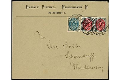 4 øre og 8 øre (par) Tofarvet omv. rm. på brev fra Kjøbenhavn d. 25.4.1901 til Schondorff, Württemberg. 