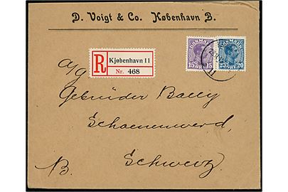 15 øre og 20 øre Chr. X på anbefalet brev fra Kjøbenhavn 11 d. 28.11.1919 til Schönenwerd, Schweiz.