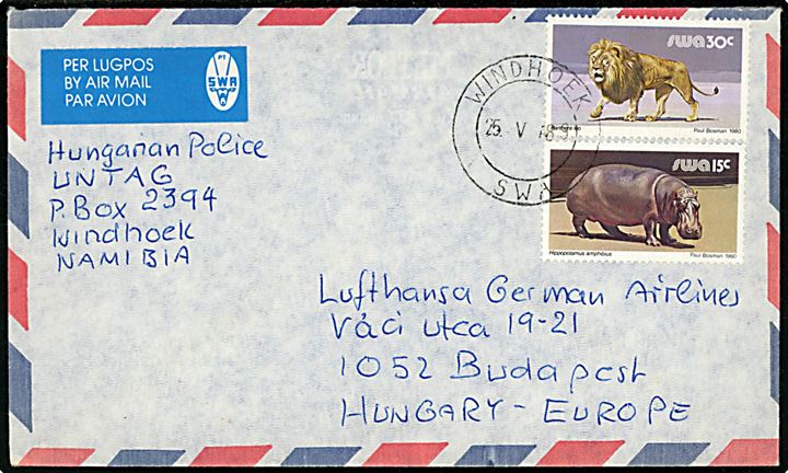 15 c. Flodhest og 30 c. Løve på luftpostbrev fra Hungarian Police UNTAG (United Nations Transition Assistance Group Namibia) stemplet Windhoek SWA d. 25.5.1989 til Budapest, Ungarn.