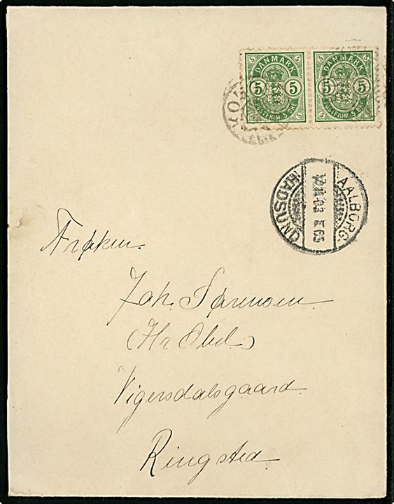 5 øre Våben i parstykke på brev annulleret med svagt stjernestempel KONGERSLEV og sidestemplet bureau Aalborg - Hadsund T.65 d. 12.11.1903 til Ringsted.