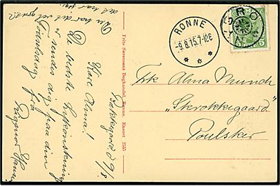 5 øre Chr. X på brevkort annulleret med stjernestempel NYBRO og sidestemplet Rønne d. 9.8.1915 til Poulsker.