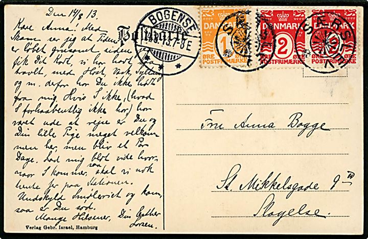 1 øre og 2 øre (par) Bølgelinie på brevkort annulleret med stjernestempel SÆRSLEV og sidestemplet Bogense d. 14.8.1913 til Slagelse.