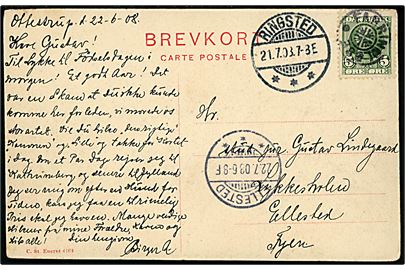 5 øre Fr. VIII på brevkort annulleret med stjernestempel Farringløse og sidestemplet Ringsted d. 21.7.1908 til Lykkesholm pr. Ellested.
