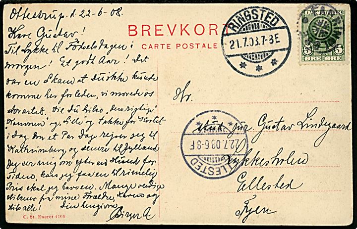 5 øre Fr. VIII på brevkort annulleret med stjernestempel Farringløse og sidestemplet Ringsted d. 21.7.1908 til Lykkesholm pr. Ellested.