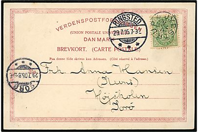 5 øre Våben på brevkort annulleret med stjernestempel JYDSTRUP og sidestemplet Ringsted d. 29.7.1905 til Sorø.
