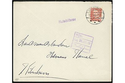 20 øre Fr. IX på brev annulleret Brædstrup d. 15.7.1949 og sidestemplet violet Rutebilbrev (27x4 mm) til København.