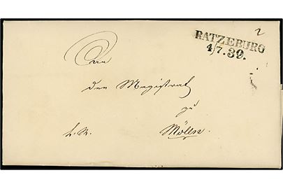 1839. Tjenestebrev med fuldt indhold og stempel RATZEBURG d. 4-7-1839 til Mölln. På bagsiden laksegl fra Königl. Lauenburgische Regierung. 