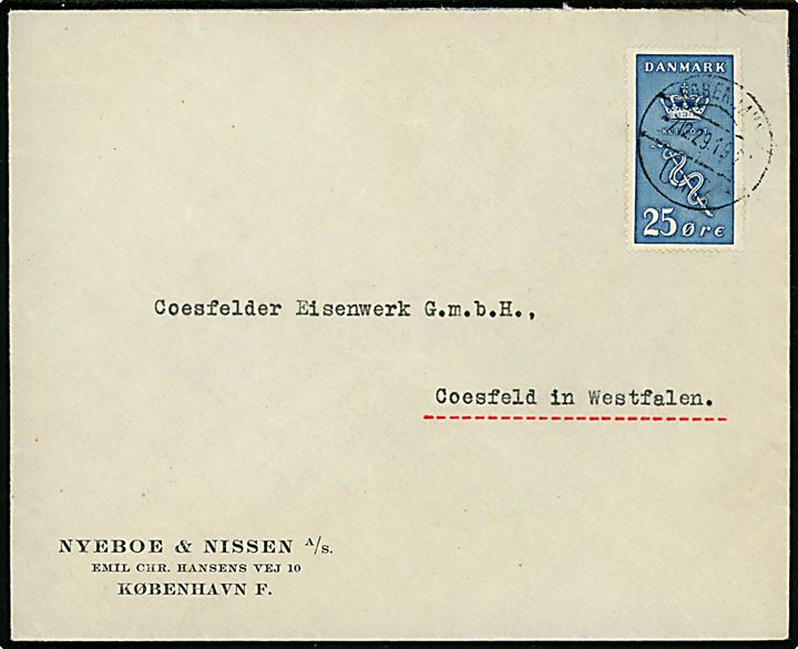 25+5 øre Kræftmærke single på brev fra København d. 7.12.1929 til Coesfeld in Westfalen, Tyskland.