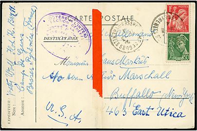50 c. og 1 fr. på brevkort fra indsat i den franske interneringslejr Camp de Gurs d. 27.3.1941 til Buffalo, USA. Oval fransk lejrcensur. 