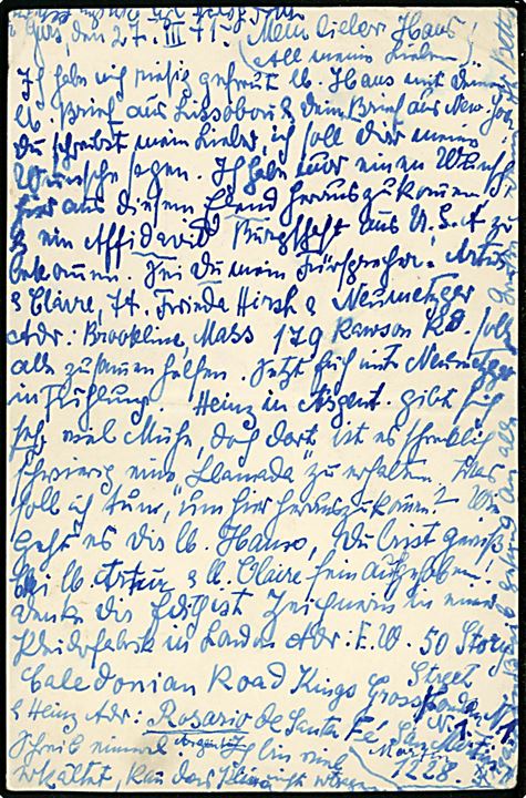 50 c. og 1 fr. på brevkort fra indsat i den franske interneringslejr Camp de Gurs d. 27.3.1941 til Buffalo, USA. Oval fransk lejrcensur. 