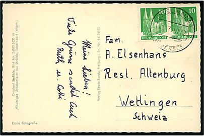 10 pfg. Kölner Dom (2) på brevkort (Insel Mainau) annulleret Insel Mainau Bodensee d. 23.7.1951 til Wetlingen, Schweiz.