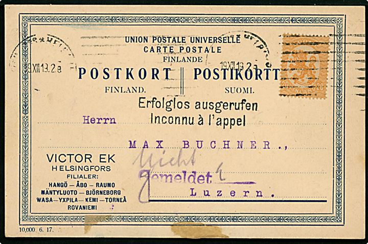 20 pen. Løve single på brevkort fra Helsingfors d. 19.12.1919 til Luzern, Schweiz. Sort 2-liniestempel: Erfolglos ausgerufen / Inconnu á l'appel.