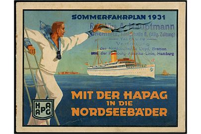 Hapag Nordseebäder Dienst sommersejlplan for 1931 med kort, priser og sejltider. 24+ sider.