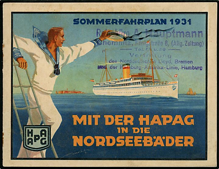 Hapag Nordseebäder Dienst sommersejlplan for 1931 med kort, priser og sejltider. 24+ sider.