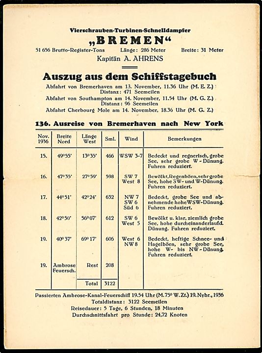Bremen, S/S, Norddeutscher Lloyd. Dagbog for sejlads fra Bremerhaven d. 15-11-1936 til New York, USA. Rejsetid 56 dage, 6 timer og 18 minutter - svarende til en gennemsnits hastiged på 24.72 knob.