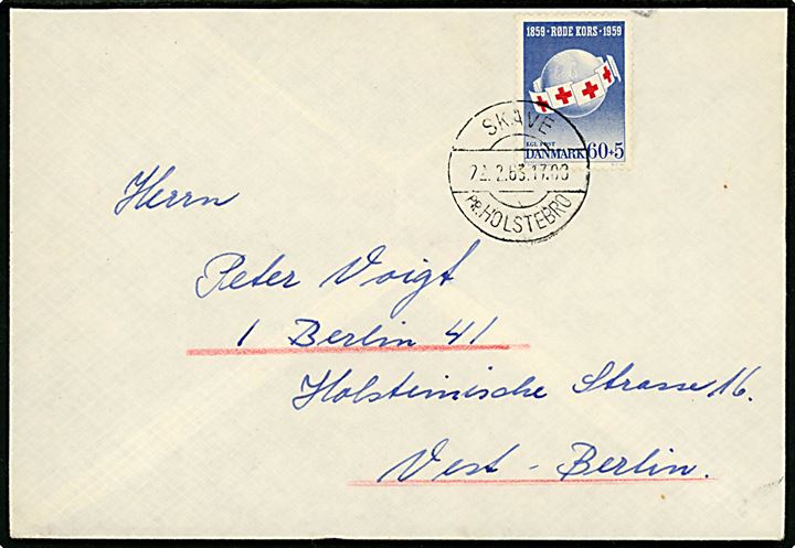 60+5 øre Røde Kors på brev annulleret med pr.-stempel Skave pr. Holstebro d. 22.2.1963 til Vest-Berlin. 