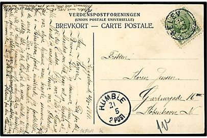 5 øre Fr. VIII på brevkort (Kong Humbles Grav paa Langeland) annulleret med stjernestempel TRYGGELEV og sidestemplet lapidar Humble d. 21.5.1910 til København.