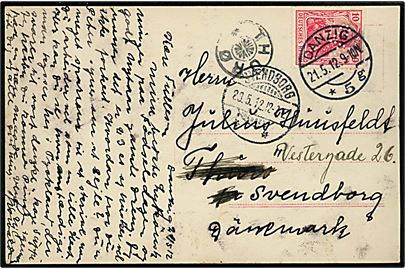 Tysk 10 pfg. Germania med perfin WS på brevkort fra Danzig d. 21.5.1912 til Thurø pr. Svendborg, Danmark - eftersendt til Svendborg med stjernestempel THURØ og sidestemplet Svendborg d. 23.5.1912.