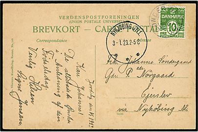 10 øre Bølgelinie på lokalt brevkort annulleret med stjernestempel SØNDER-DRAABY og sidestemplet Nykjøbing Jyll. d. 3.1.1923 til Ejerslev.