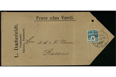 4 øre Bølgelinie single på kuvert mærket Prøve uden Værdi sendt som tryksag fra Odense d. 8.10.1907 til Assens.