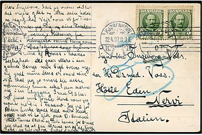5 øre Fr. VIII i parstykke på brevkort fra Kjøbenhavn d. 22.4.1907 til hotel i Nervi, Italien. 